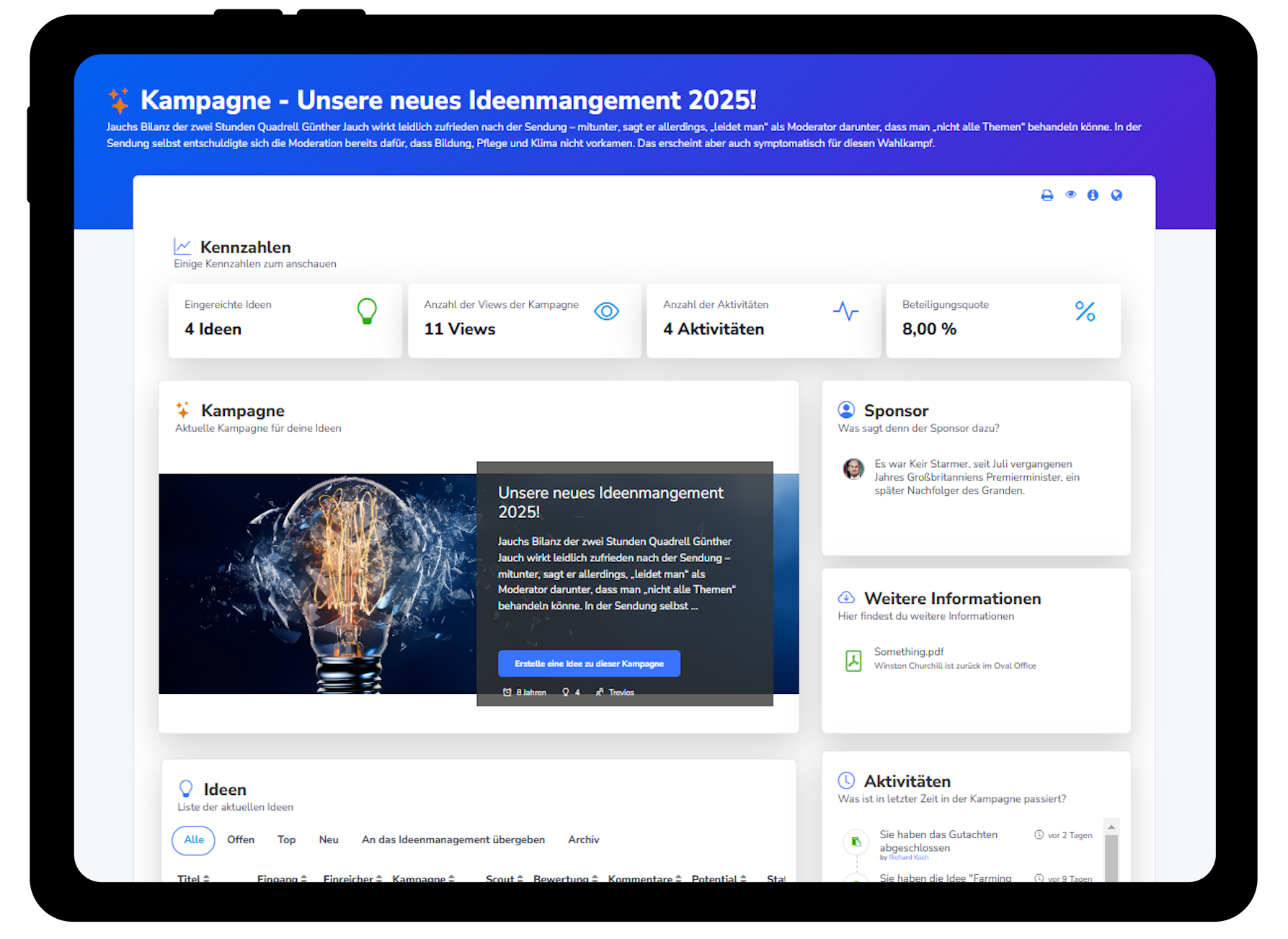 Trevios Ideenmanagement Software Kampagnen Startseite Ipad