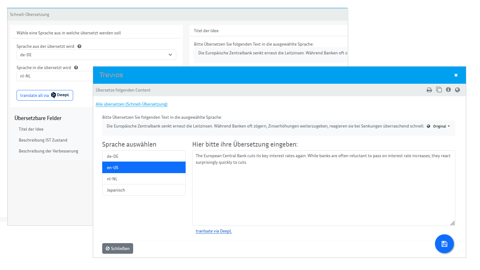 Trevios Ideenmanagement Software DeepL