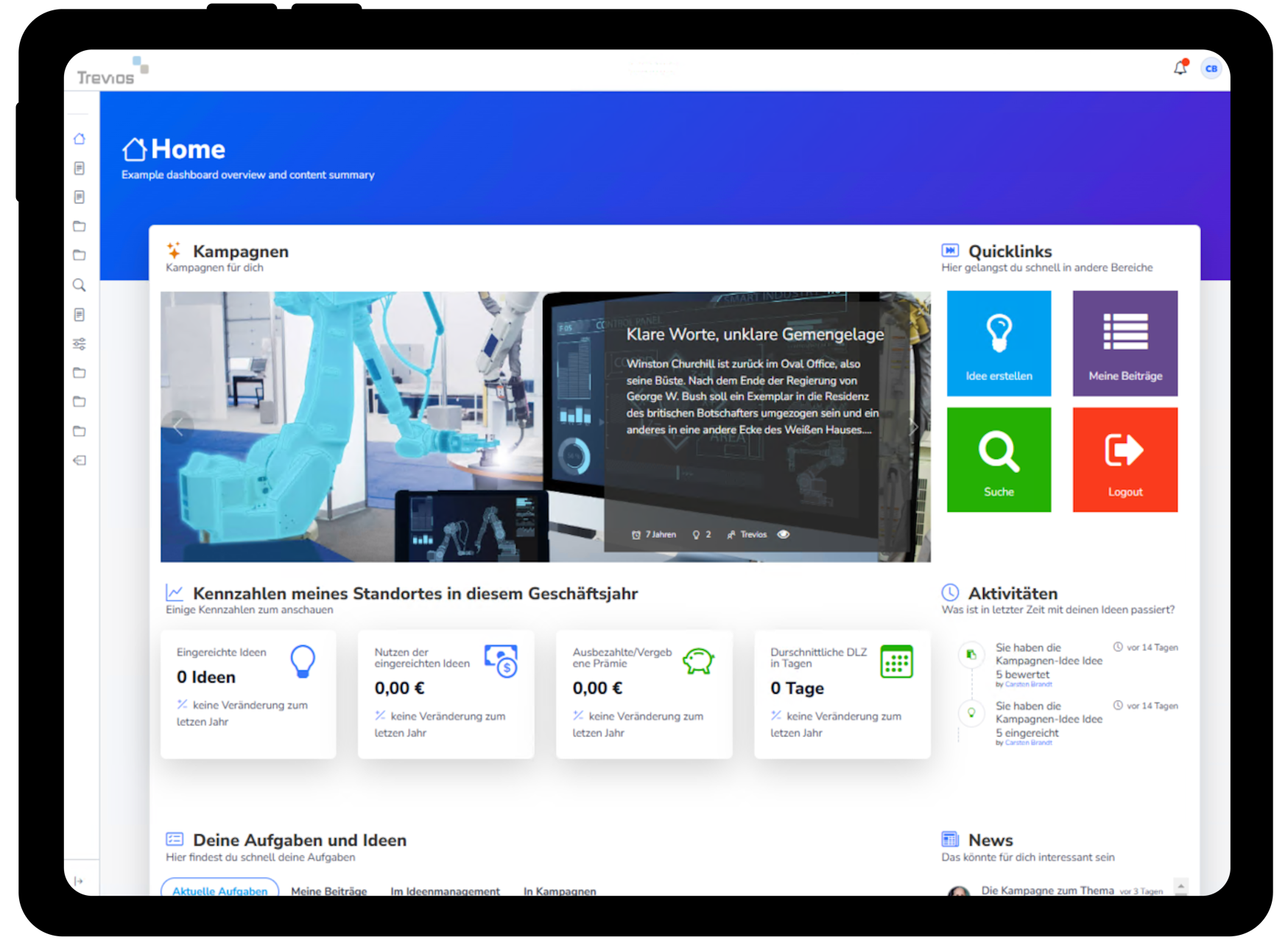 Trevios Ideenmanagement Software Einstiegsseite